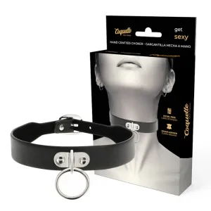 Schwarzes Halsband mit Ring, verpackt in einer Schachtel mit Bild einer Person, die das Halsband trägt.
