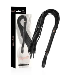 Schwarzer Flogger aus veganem Leder mit Verpackung, Markenname 