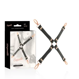 Schwarzes Hogtie-Set mit goldenen Details, Verpackung zeigt Produkt und Modell.