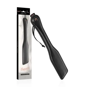 Schwarzes Paddle aus veganem Leder mit Verpackung, Aufschrift 
