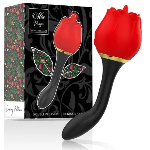 Rotes, rosenförmiges Massagegerät mit schwarzem Griff, neben dekorativer Verpackung mit Blumenmuster.