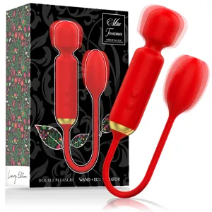 Red vibrator and egg with packaging, floral design, 