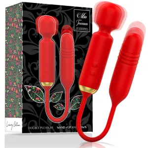 Roter Vibrator mit goldenen Akzenten, vor einer dekorativen Verpackung mit floralen Mustern.