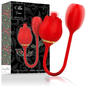 Rotes vibrierendes Ei in Rosenform mit Verpackung, schwarzer Hintergrund mit Blumenmuster, goldene Akzente.