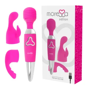 Rosa Massagegerät mit austauschbaren Aufsätzen und Verpackung, USB-Kabel inklusive.