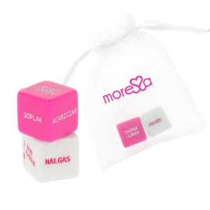 Two dice with Spanish words and a white bag with the 