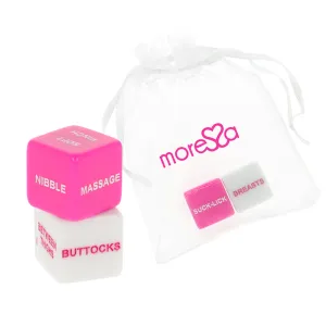 Two dice with erotic instructions and body parts, in a white bag with a 