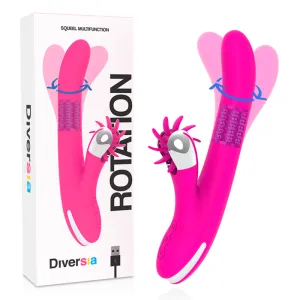 Pinkes Vibrator-Spielzeug mit rotierenden Elementen, neben der Verpackung mit USB-Symbol.