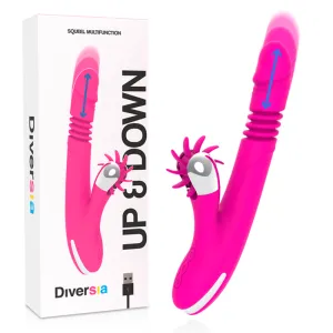 Pinkes Vibrator-Spielzeug mit Auf- und Abwärtsbewegung, USB-Anschluss, neben Verpackung mit 