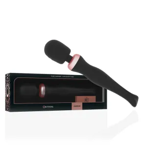 Black massage wand with pink accents, next to matching packaging with a decorative pattern.