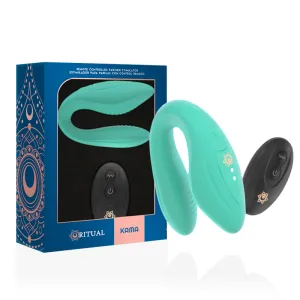 Türkiser Paarvibrator mit Fernbedienung und Verpackung, verziert mit geometrischen Mustern.