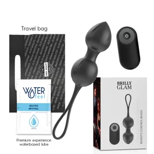 Schwarze vibrierende Kegel-Trainingsperlen mit Fernbedienung, Reisebeutel und wasserbasiertem Gleitgel. Verpackung inklusive.