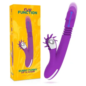 Lila Vibrator mit rotierendem Aufsatz und gelber Verpackung, beschriftet mit 
