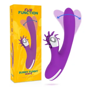 Lila Vibrator mit rotierenden Elementen, Verpackung im Hintergrund, gelb-orange Design mit 