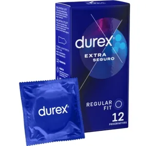 Durex Extra Seguro Kondomverpackung, 12 Stück, blaue Schachtel mit einem einzelnen Kondom im Vordergrund.