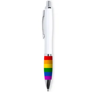 White ballpoint pen with a rainbow pattern on the handle.