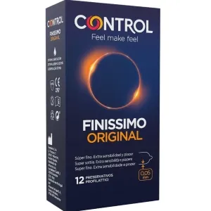 Verpackung von Control Finissimo Original Kondomen, 12 Stück, dunkelblau mit orangefarbenem Ringmotiv.