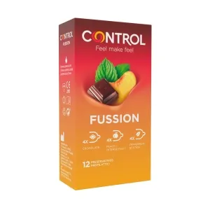 Verpackung von Control Fussion Kondomen mit Schokolade, Pfirsich und Minze Geschmacksrichtungen, 12 Stück.