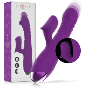 Lila Vibrator mit Verpackung, zeigt verschiedene Funktionen und Details, wie flexible Spitzen und Bedienelemente.
