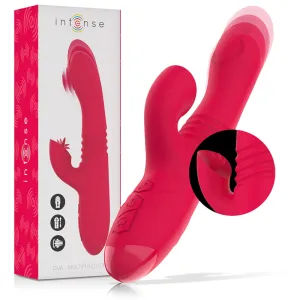 Roter Vibrator mit Verpackung, zeigt Funktionen und Details.