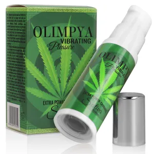 Grüne Verpackung und Flasche von Olimpya Vibrating Pleasure mit Cannabisblatt-Design.
