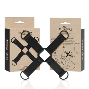 Schwarzes Hogtie-Bondage-Set vor zwei Verpackungen mit der Aufschrift 