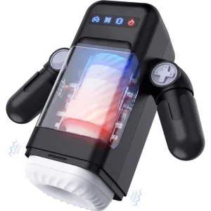 Black electronic device with a transparent casing, bright colors and side handles.
