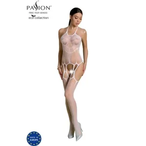 Frau in weißem Netz-Body, stehend, mit High Heels. Text: Passion, Eco Collection, Made in Europe.