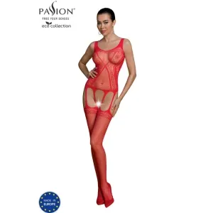 Woman in red, sheer bodystocking with lace pattern, standing, hands at waist.