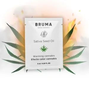 Päckchen Sativa Seed Oil von Bruma, umgeben von Cannabisblättern und Flammen, 6 ml, wärmender Effekt.