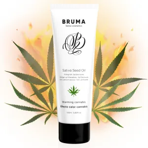 Tube mit Sativa Seed Oil vor Flammen und Cannabisblättern, Text: 