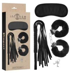 Verpackung mit Augenmaske, Peitsche, Handschellen und Schlüsseln, beschriftet mit 