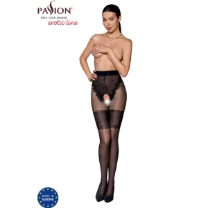Woman in black, sheer tights with lace pattern, topless, against a white background.