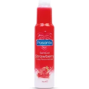 Rote Flasche mit Erdbeer-Gleitgel von Pasante, 75 ml, mit Herz- und Erdbeermotiv auf dem Etikett.