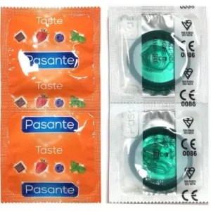 Zwei Pasante-Kondomverpackungen: links orange mit Fruchtmotiven, rechts transparent mit grünem Kondom sichtbar.