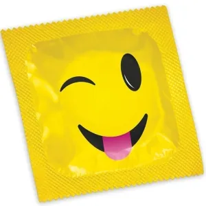 Gelbes Kondom mit zwinkerndem Smiley-Gesicht auf der Verpackung.
