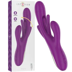 Lila Vibrator mit Schachtel, zeigt Vibration und Schwingfunktion, USB-Ladekabel enthalten.