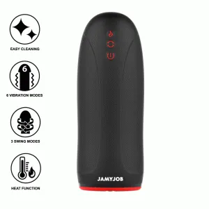 Black device with 6 vibration modes, 3 oscillation modes, heating function and easy cleaning. Brand: Jamyjob.