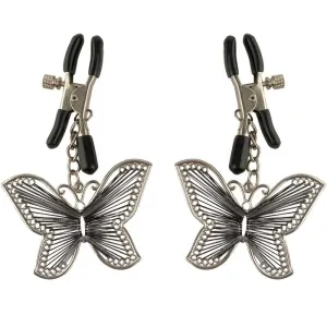 Two silver butterfly pendants with black clips.