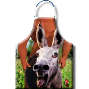 Apron with a funny donkey motif, showing the body of a muscular man in front of a green meadow.