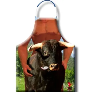 Apron with an image of a muscular torso and a bull standing in the foreground.