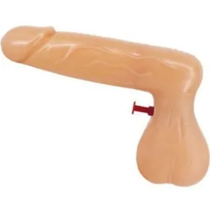 Inflatable balloon in the shape of a penis with a red valve.