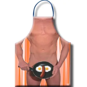 Apron with a bare torso design, pan with fried egg and sausage as a humorous motif.
