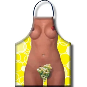 Apron with naked female body, strawberries on breast, grapes in crotch, yellow background with circles.
