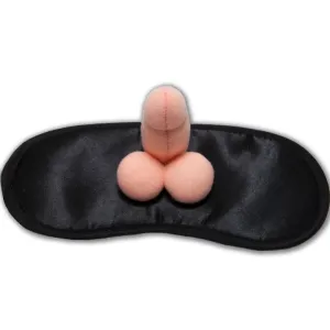 Schwarze Augenmaske mit einem kleinen, fleischfarbenen, plüschigen Anhänger in Form eines Penis.