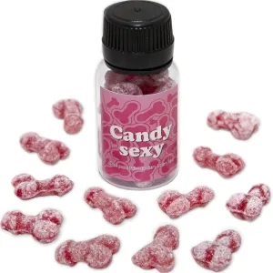 Flasche mit rosa Bonbons in Penisform, beschriftet mit 