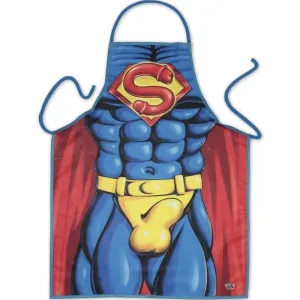 Blue apron with superhero design, muscular torso, red 