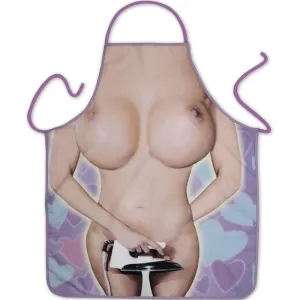 Apron with a humorous, revealing design of a naked woman holding an iron.