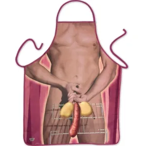 Apron with a humorous print of a naked torso, grill with sausage and potatoes in the foreground.