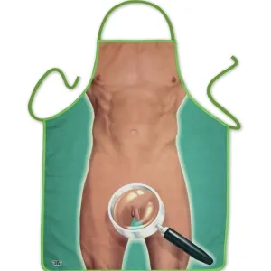 Apron with naked male body and magnifying glass over the crotch, green border and ribbons.